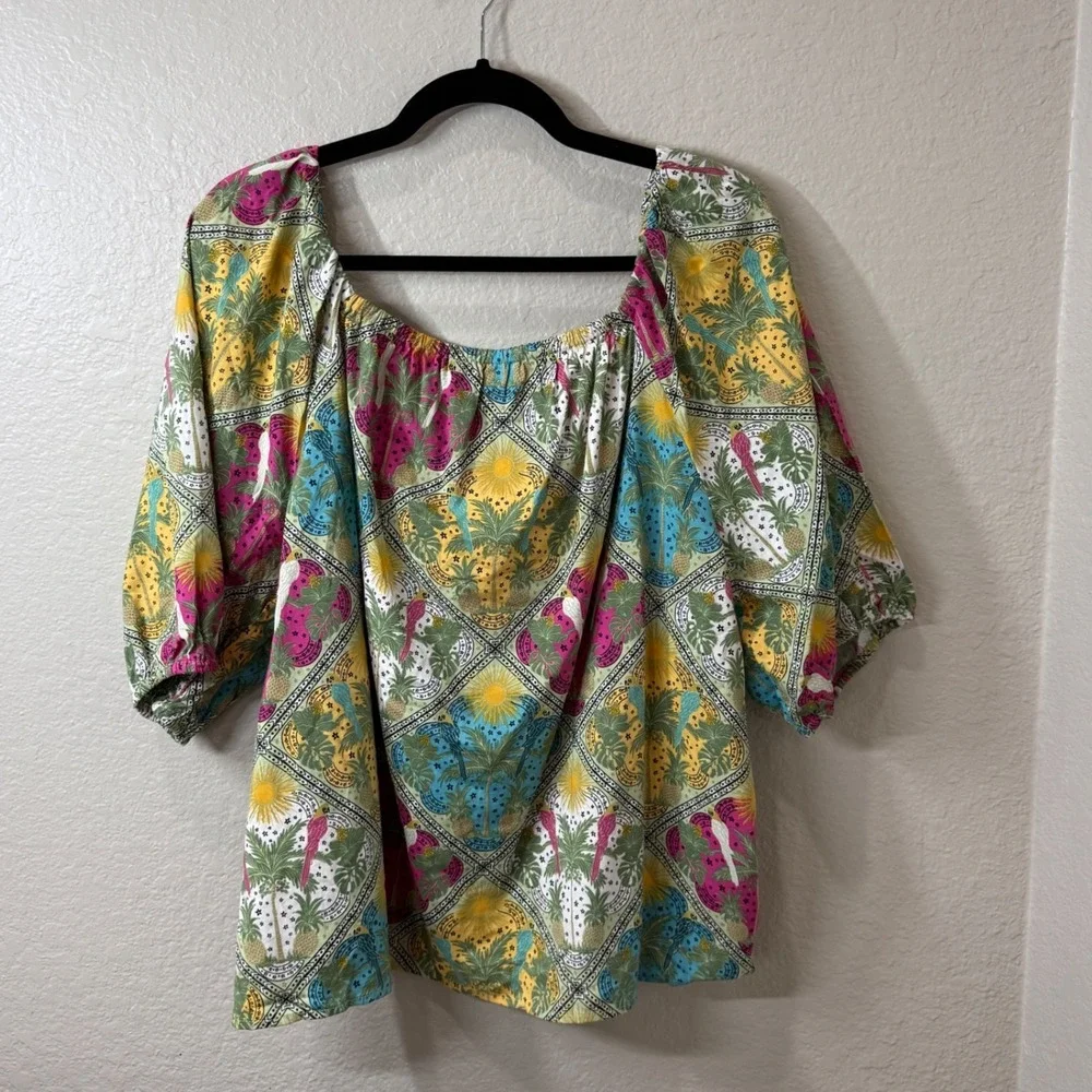 Loft XXL Tropical Parrot Palm Tree Print Puff Sleeve Top Resort Boho Vacation